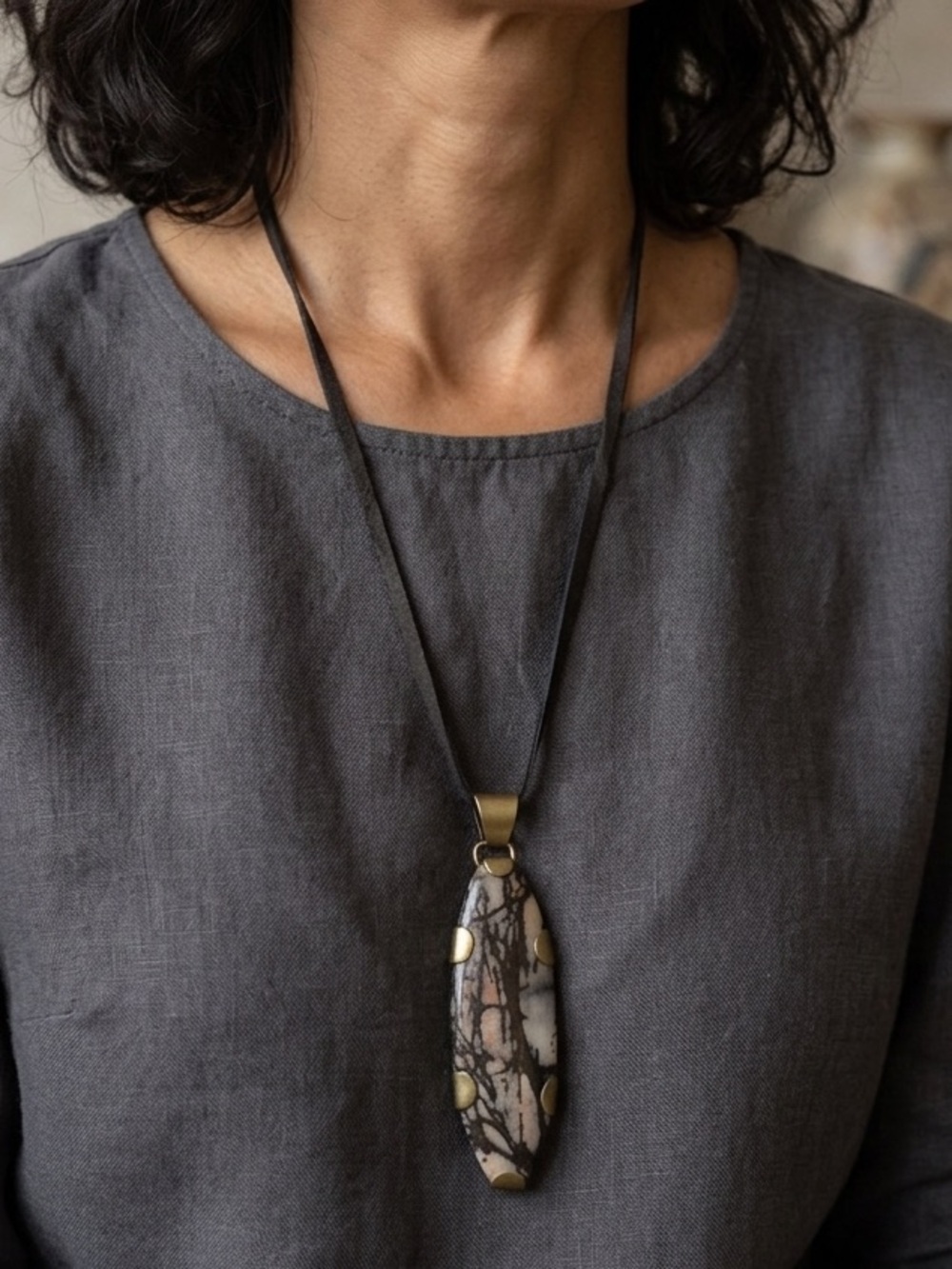 Super Cool Black and Brass Pendant Necklace